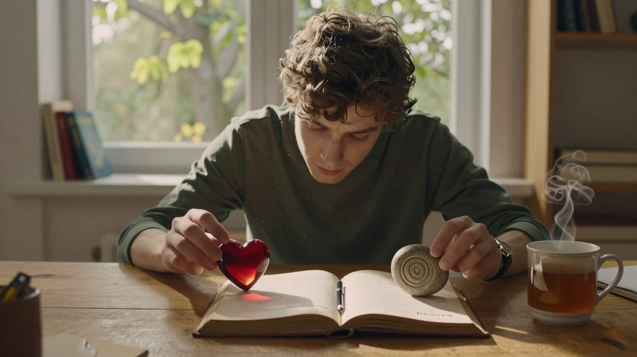 Jovem em mesa lendo livro, segurando coração vermelho de vidro e pedra redonda, com xícara de chá fumegante ao lado.