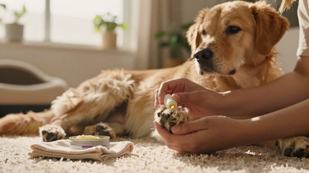 Pessoa aplicando óleo nas patas de um cachorro golden retriever deitado em um tapete claro.