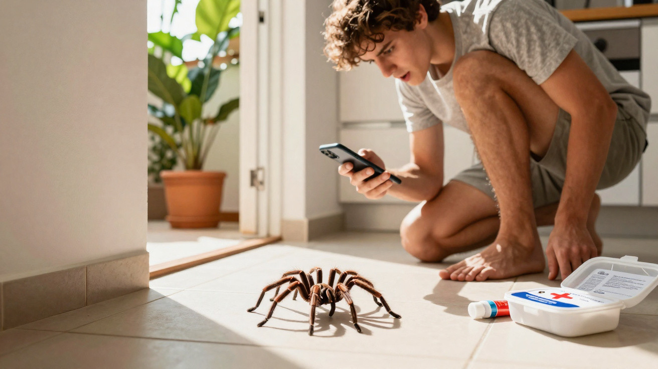 Jovem observa de perto uma aranha grande no chão, com estojo de primeiros socorros ao lado, em ambiente interno.