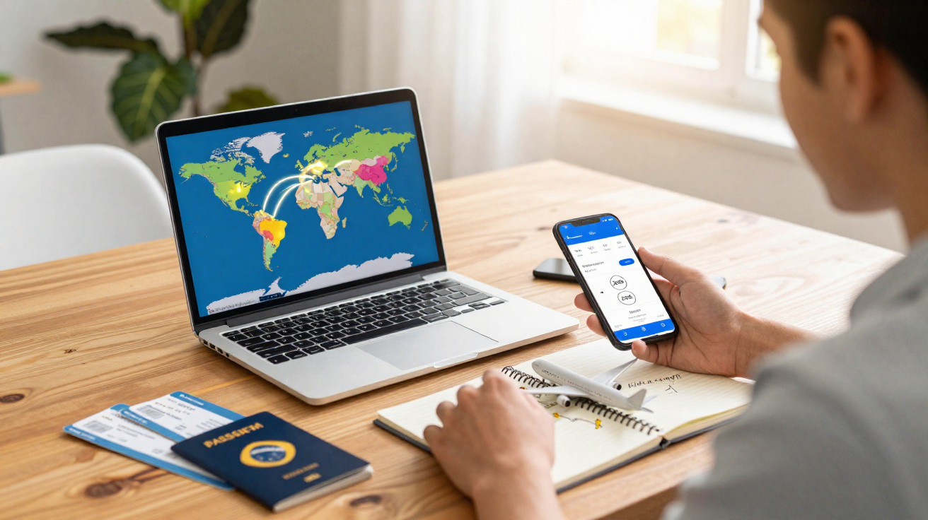 Pessoa usando smartphone e notebook com mapa-múndi em mesa com passaporte e cadernos.