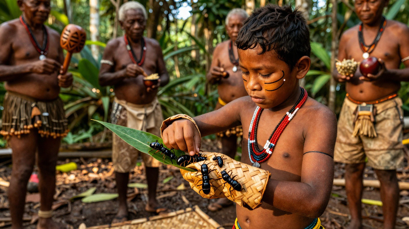 Criança indígena segurando folha com gafanhotos, cercada por adultos em floresta tropical.