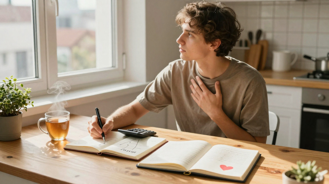 Jovem sentado à mesa estudando, escrevendo em caderno com chá quente ao lado em cozinha iluminada.