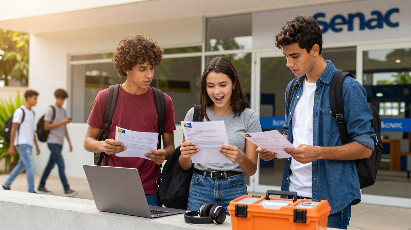 Três jovens estudantes conferindo documentos com surpresa em frente ao Senac, com laptop e equipamentos.