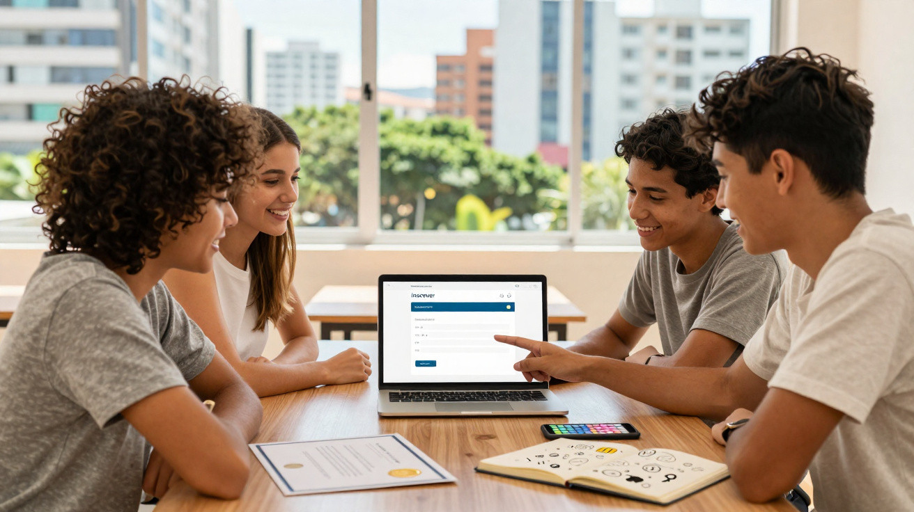 Quatro jovens reunidos em mesa com laptop aberto, discutindo conteúdo em ambiente iluminado e urbano.