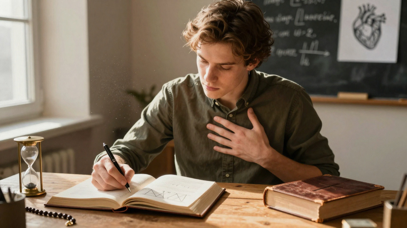 Jovem escrevendo em livro aberto, sentado à mesa de madeira, com ampulheta e livro fechado ao lado.