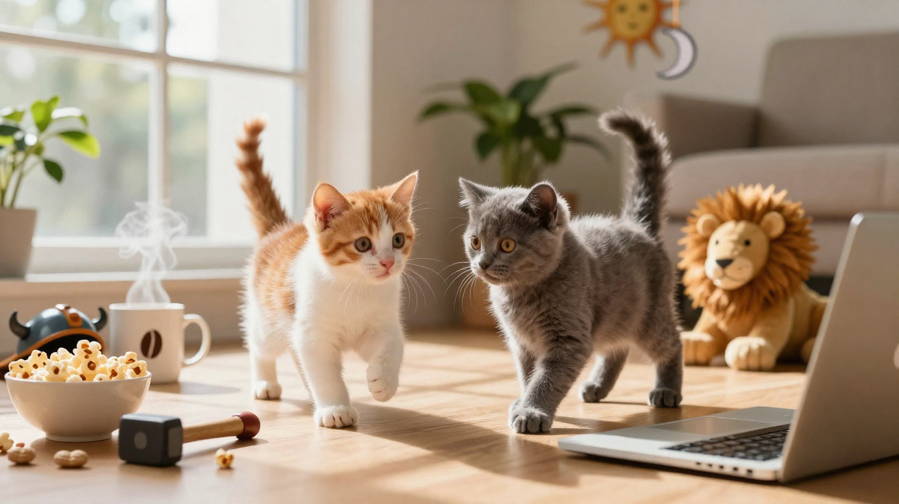 Dois gatinhos, um branco com laranja e outro cinza, caminhando perto de um laptop em um ambiente iluminado.