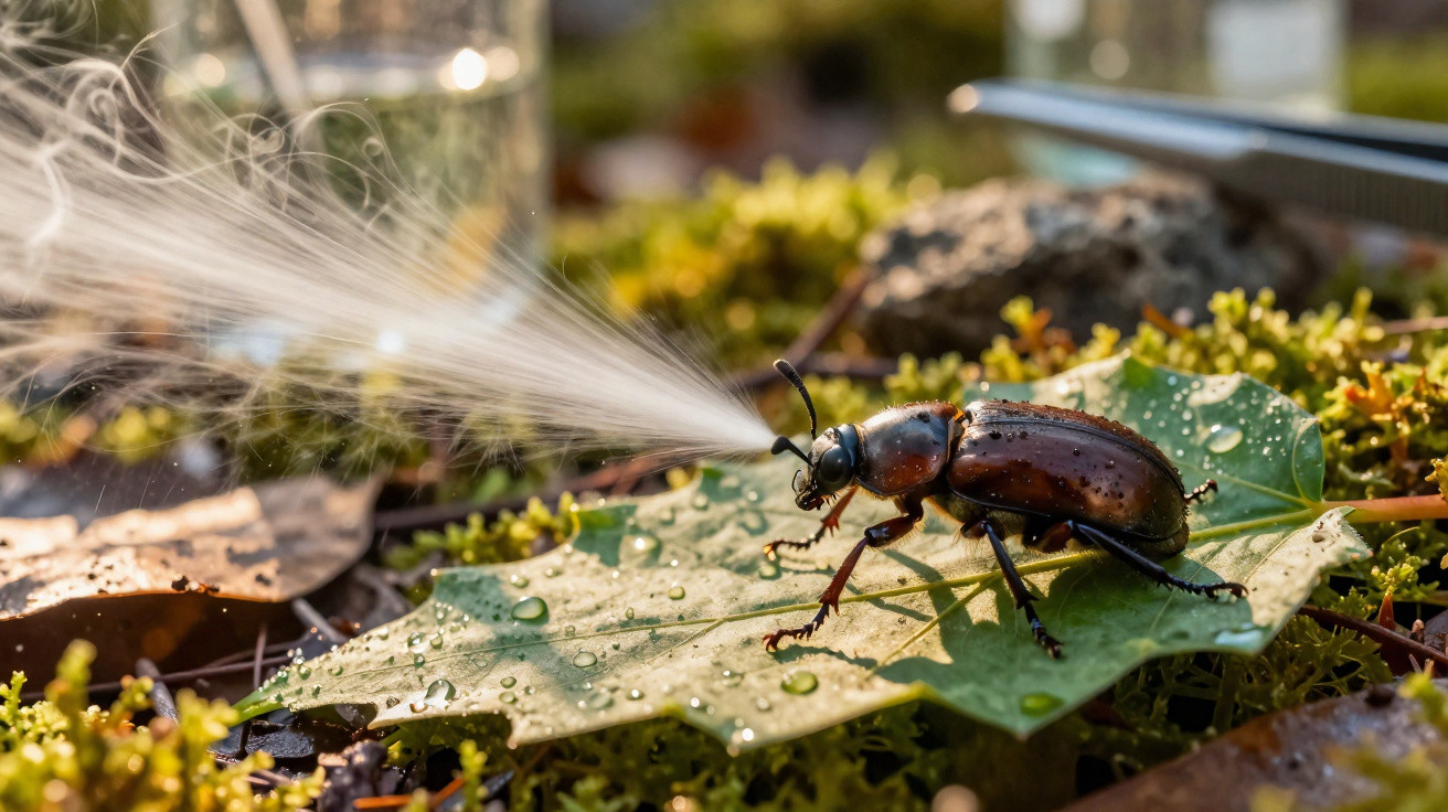 Besouro liberando spray em folha molhada com gotas de orvalho e musgo ao redor.