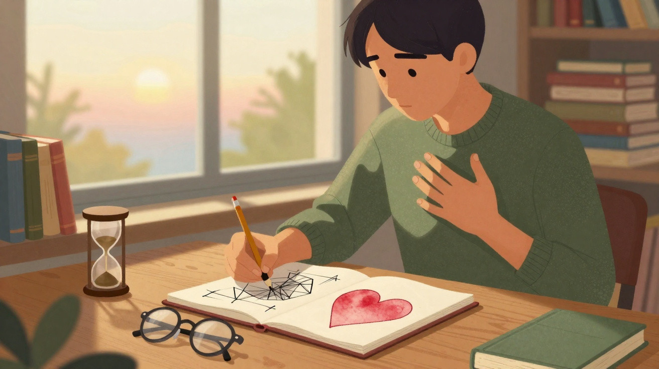Pessoa desenhando um coração e gráficos em um caderno em uma mesa com janela ao fundo no entardecer.