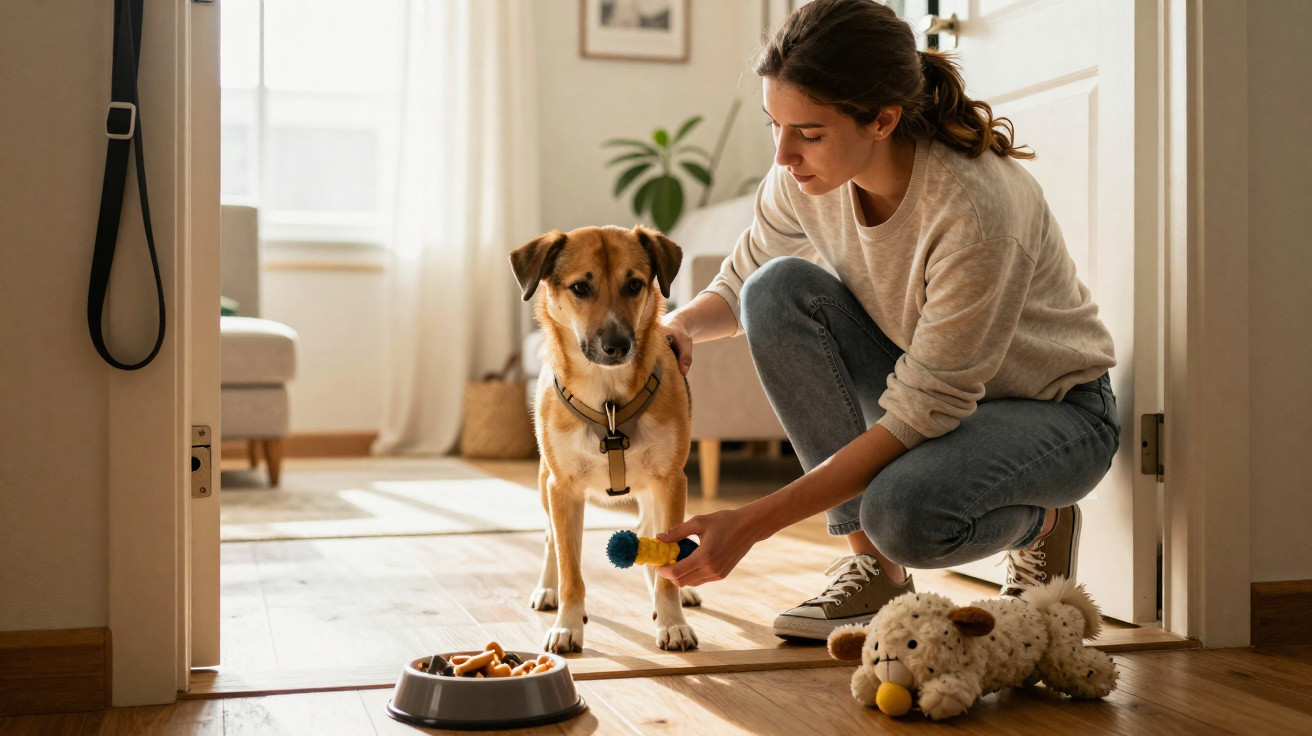 Mulher agachada limpando a pata de um cachorro em casa com brinquedo e pote de ração no chão.