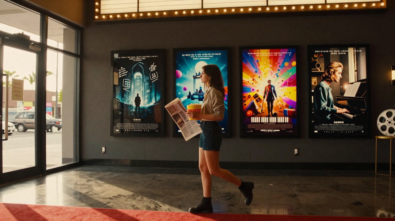Mulher caminhando em cinema com jornal e balde de pipoca, posters de filmes ao fundo.