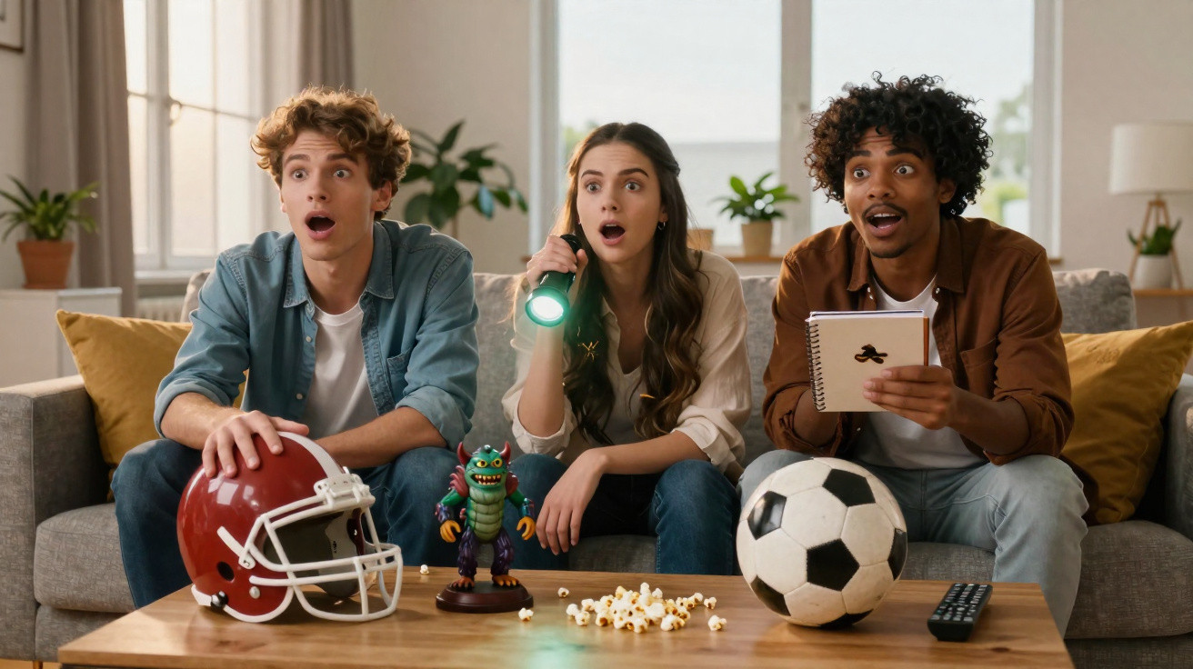 Três jovens sentados no sofá com expressão surpresa, segurando capacete, lanterna e caderno, com bola de futebol e pipoca na 