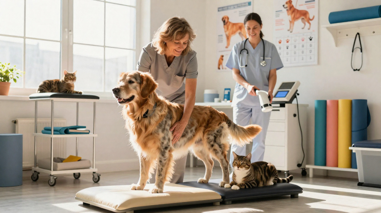 Veterinárias atendendo um cachorro e dois gatos em clínica veterinária iluminada.