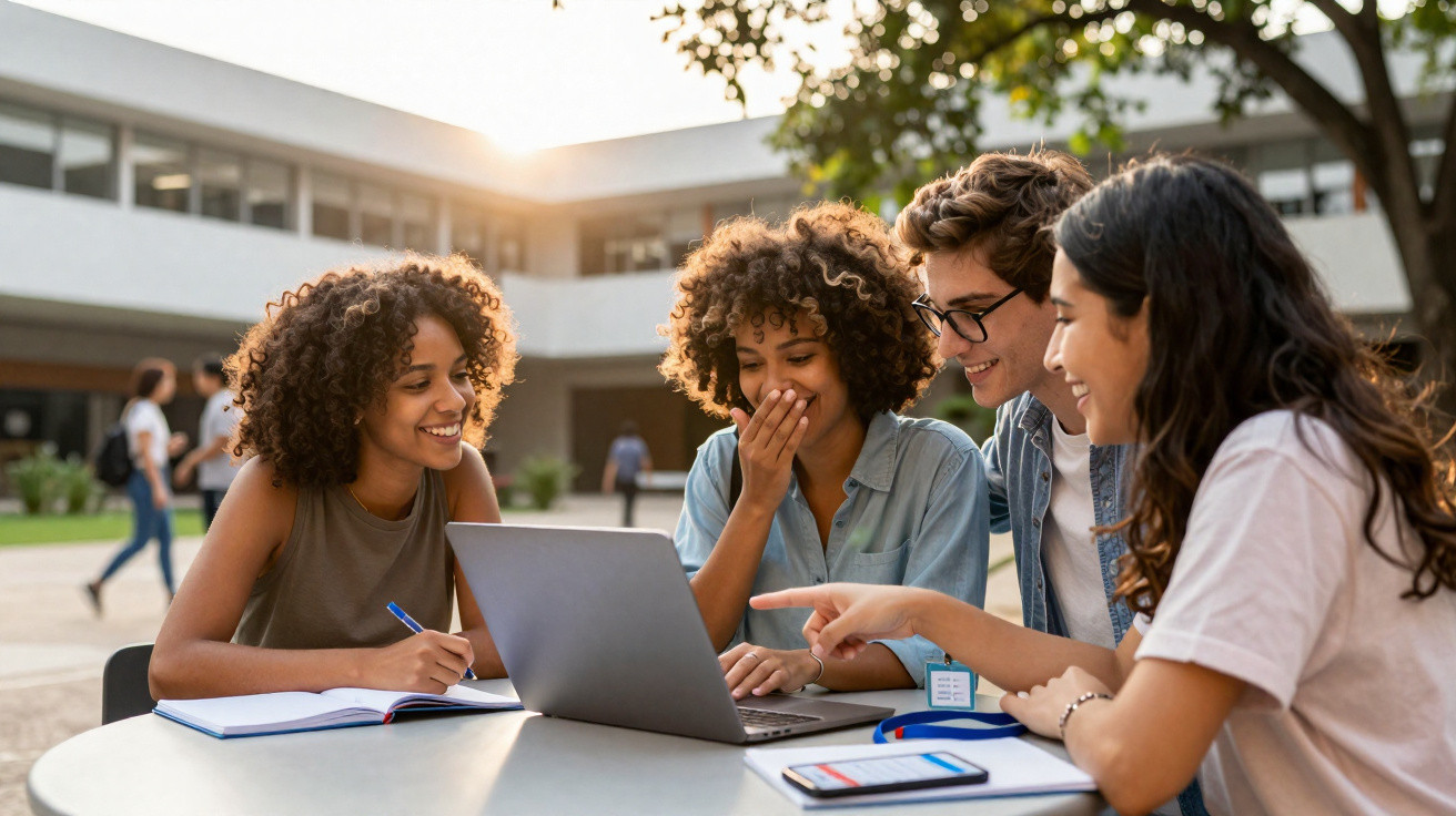 Quatro estudantes jovens reunidos em área externa, estudando e sorrindo enquanto olham para um notebook.