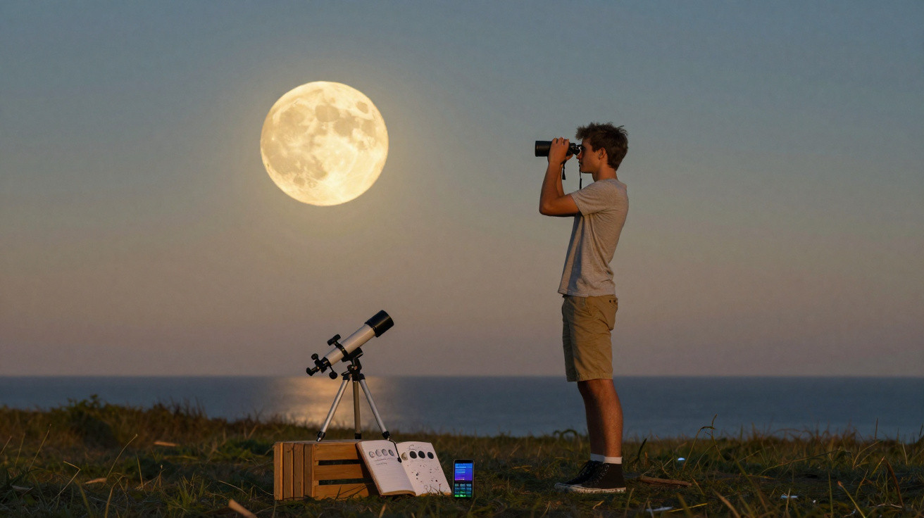 Homem observa a lua cheia com binóculo à beira-mar ao entardecer, com telescópio e livros no chão.