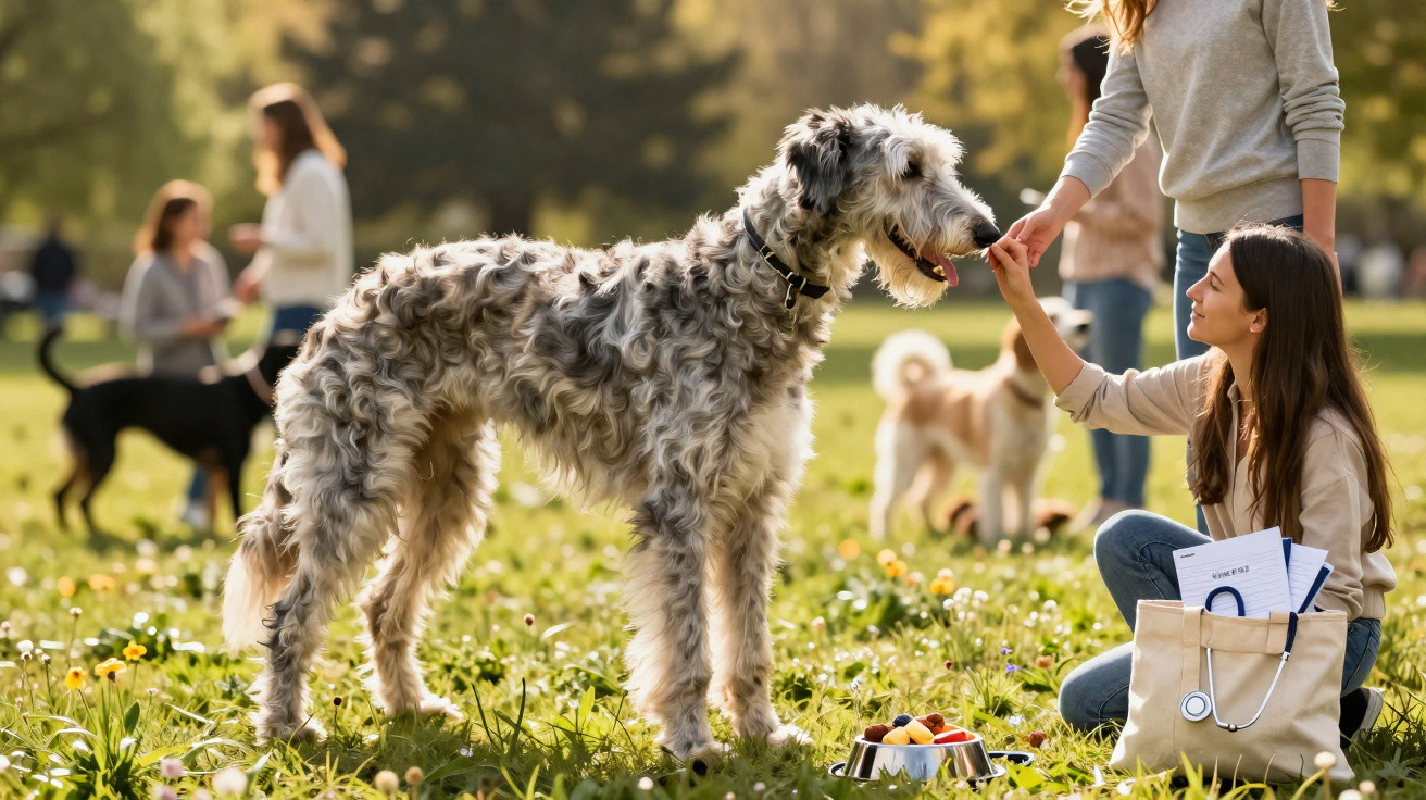 Mulher alimenta cachorro grande e peludo em parque com outras pessoas e cães ao fundo.