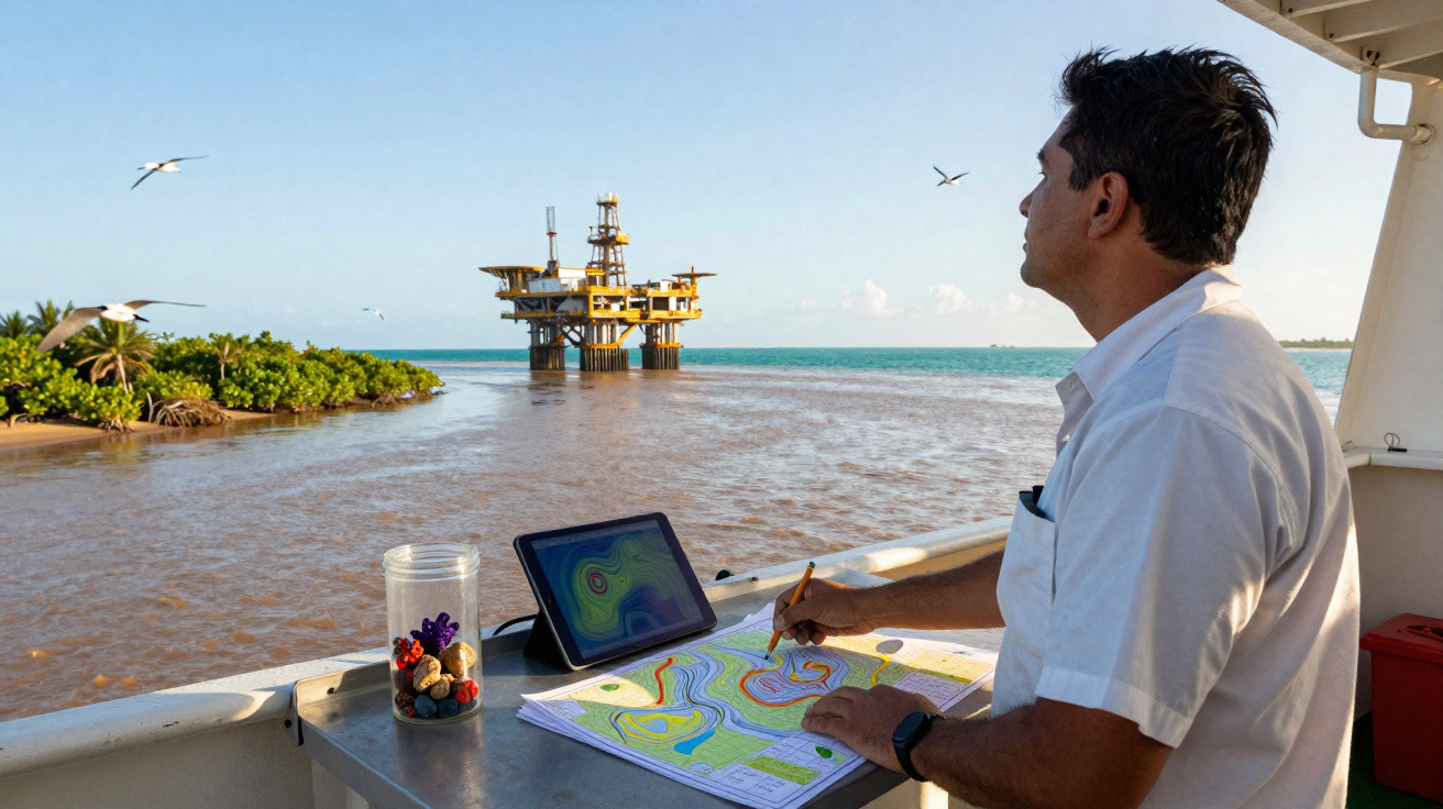 Homem analisando mapas cartográficos em barco próximo a plataforma de petróleo no mar.
