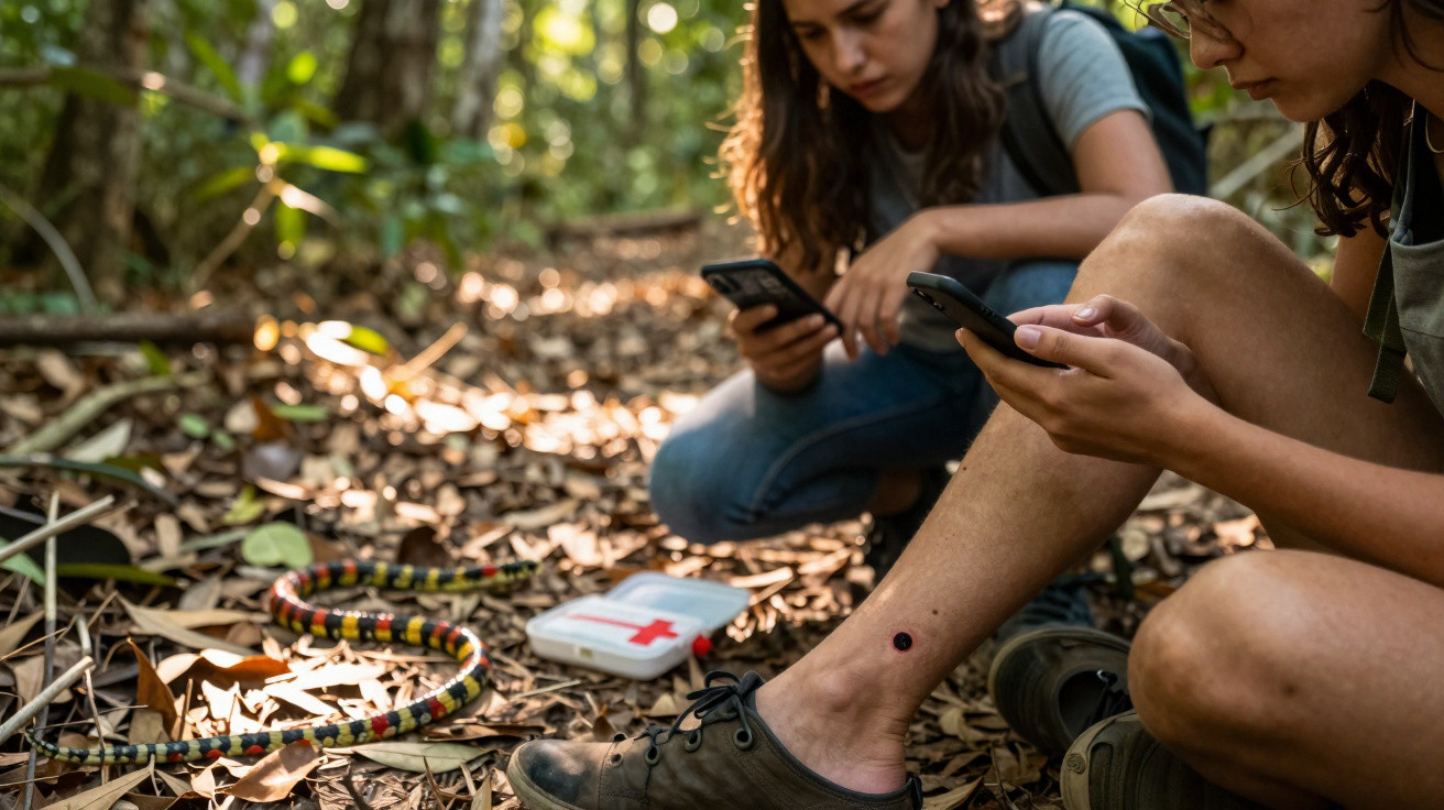 Duas pessoas ao ar livre, uma com picada de cobra na perna, usando celulares para pedir ajuda.