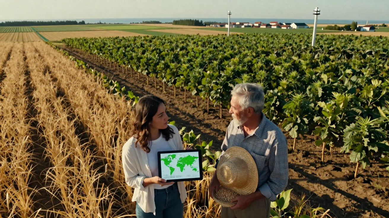 Agrônoma com tablet conversa com fazendeiro em plantação de girassóis e lavoura seca ao fundo.