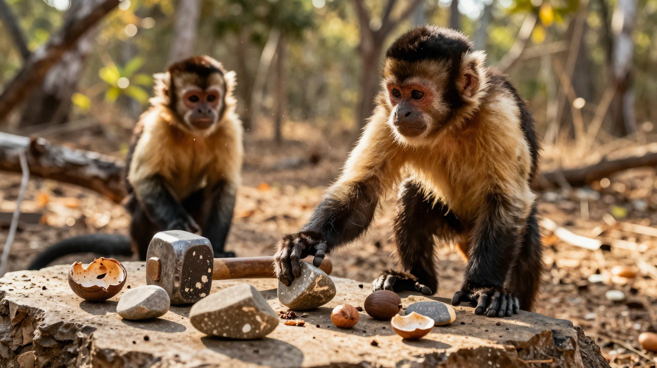 Macacos-prego usando pedras para quebrar nozes em tronco na floresta seca.