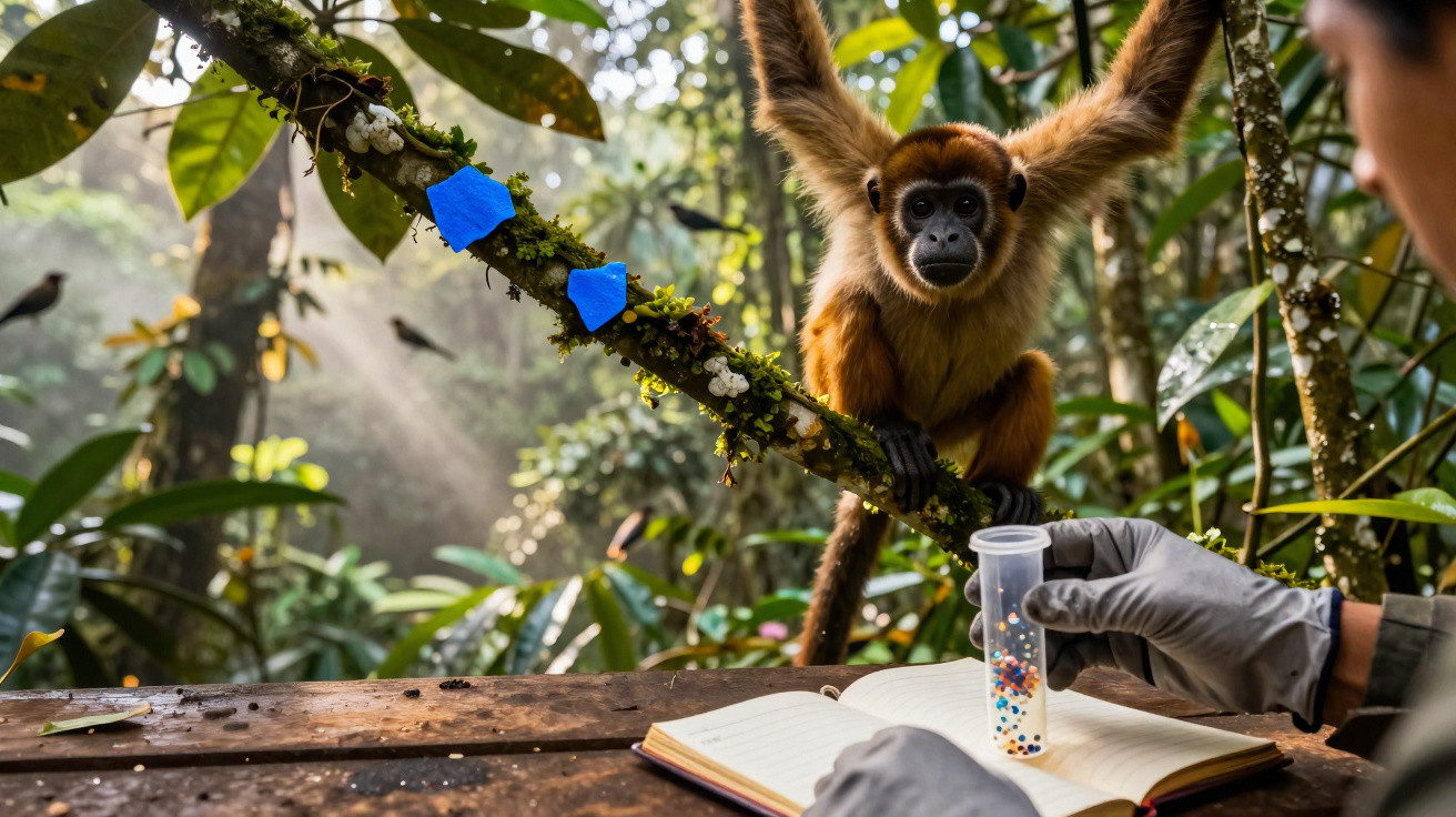 Macaco-prego em galho na floresta interage com pessoa que segura tubo de pesquisa sobre mesa com caderno aberto.