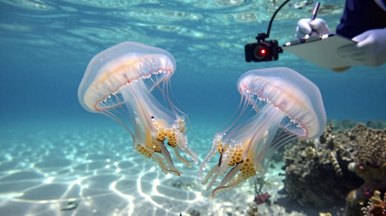 Duas águas-vivas transparentes flutuam no mar raso enquanto um mergulhador registra a cena com câmera subaquática.