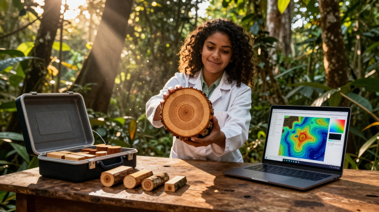 Pesquisadora analisando um tronco de árvore com amostras de madeira e mapa digital em laptop na floresta.