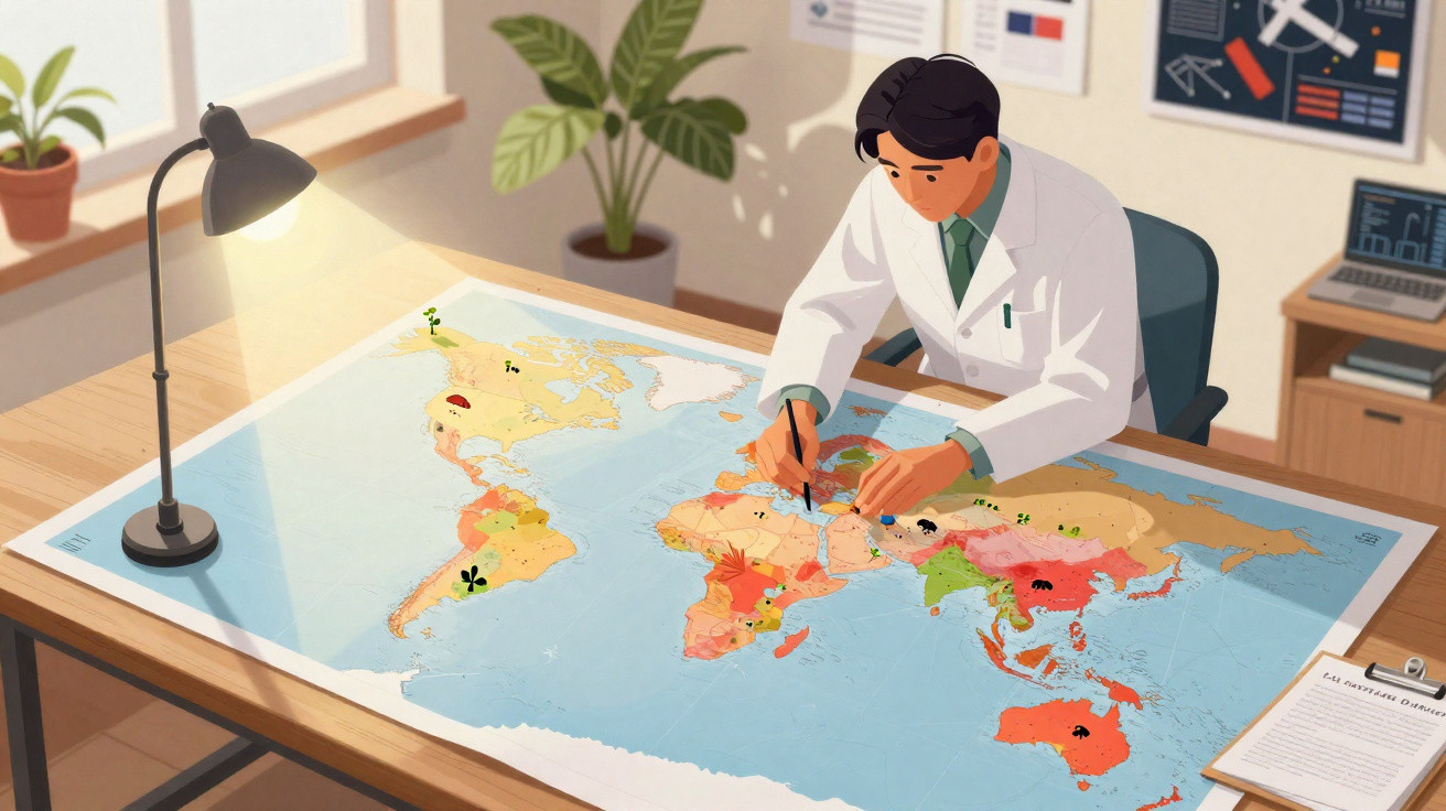 Homem em jaleco marcando pontos em um mapa mundi colorido sobre uma mesa iluminada.
