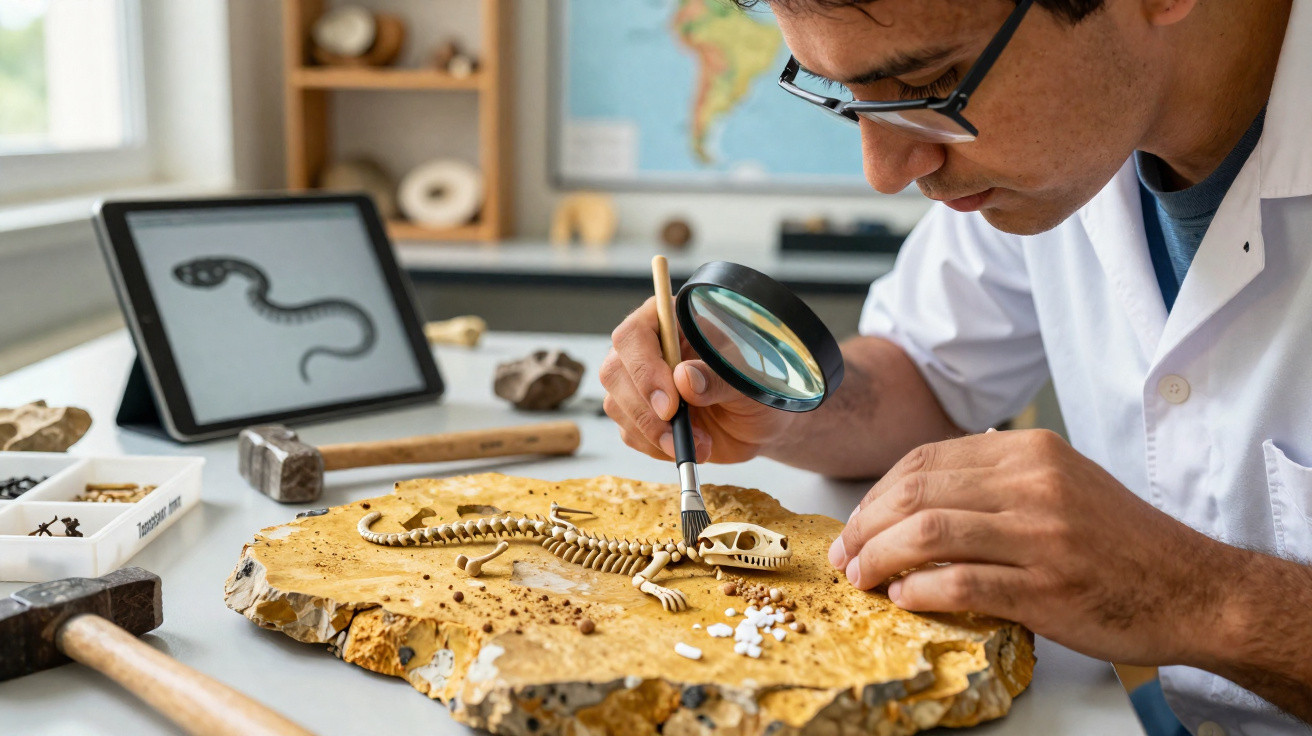 Pesquisador escava fóssil de réptil com lupa e pincel em laboratório de paleontologia.