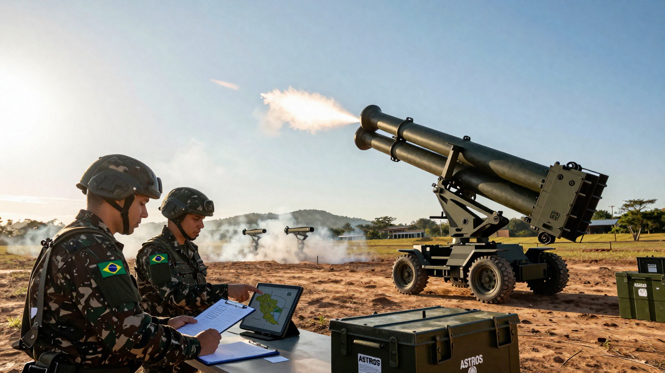 Soldados do Exército Brasileiro operam sistema de artilharia Astros em área de treinamento ao ar livre.