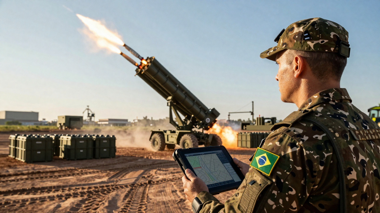 Militar brasileiro com tablet monitora lançamento de foguetes em área de treinamento militar.