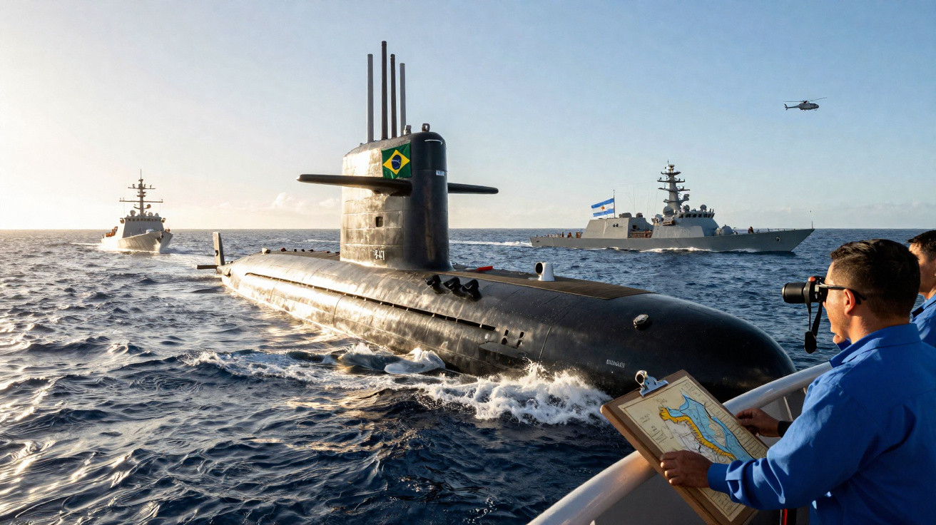 Submarino brasileiro navegando acompanhado por navios de guerra e pessoal observando com mapa e binóculo.