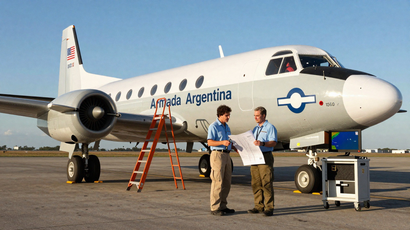 Avião da Armada Argentina estacionado com dois homens conversando e escada laranja ao lado.