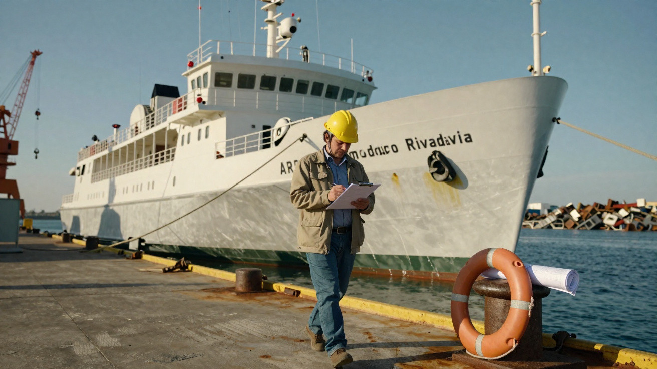 Homem com capacete amarelo faz anotações em papel no cais ao lado de navio atracado chamado Rivadavia.
