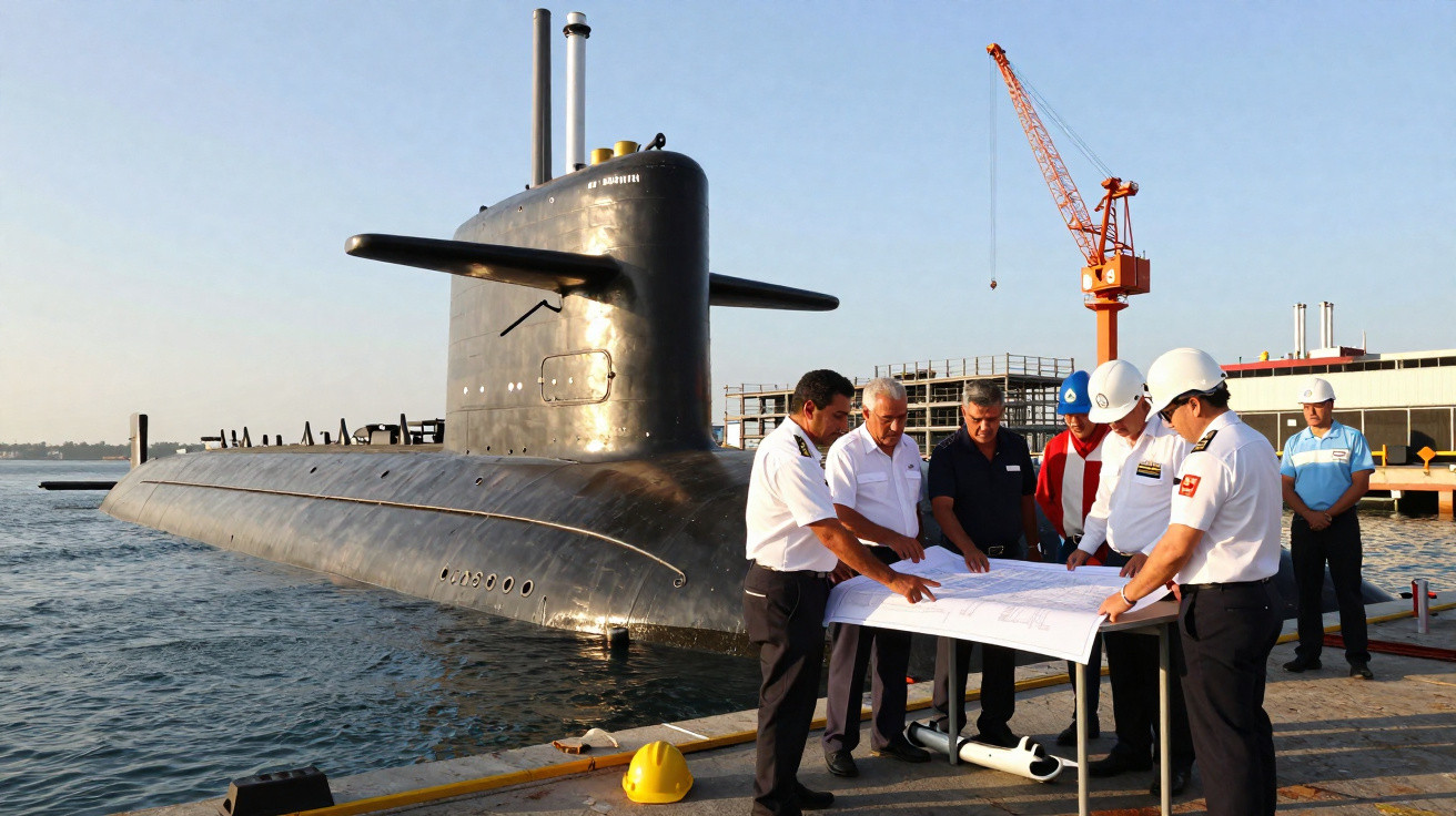 Submarino preto atracado, marinha e engenheiros analisando plantas na doca em dia claro.