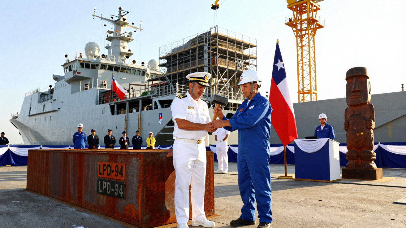 Cerimônia naval com militares e operários em estaleiro ao lado de navio e estátua moai de madeira.