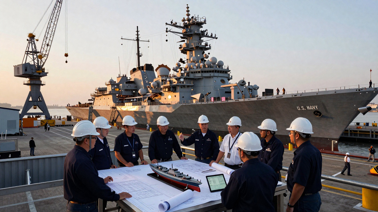 Equipe de trabalhadores com capacetes brancos analisando planta e maquete de navio militar no porto ao entardecer.