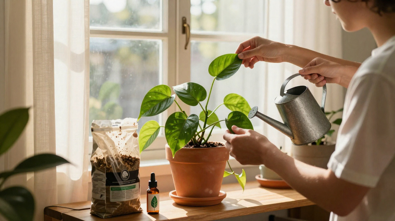 Pessoa regando planta em vaso de cerâmica perto de janela com luz natural, ao lado de suprimentos para jardinagem.