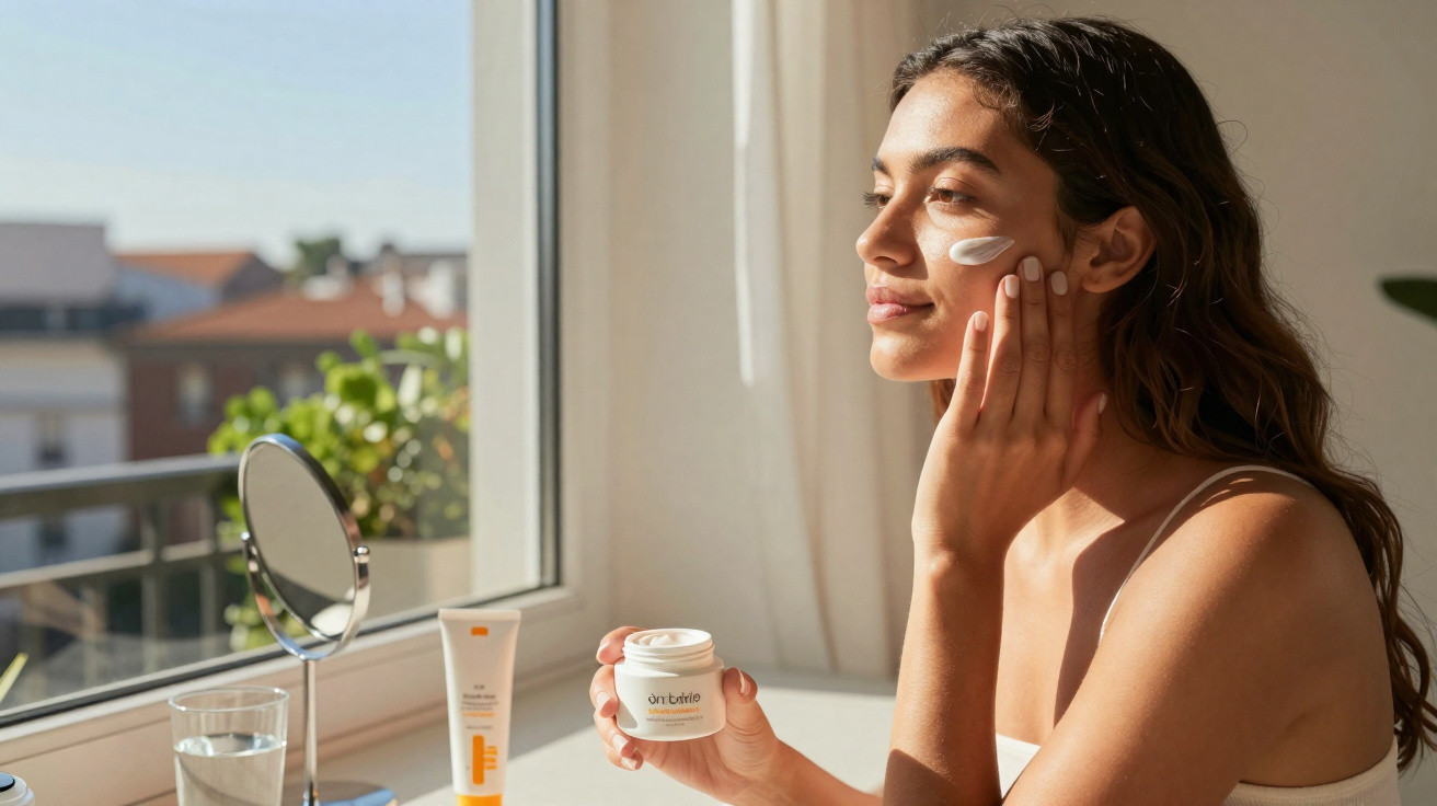 Mulher aplica creme facial próxima à janela, com pote de creme e espelho sobre a mesa.