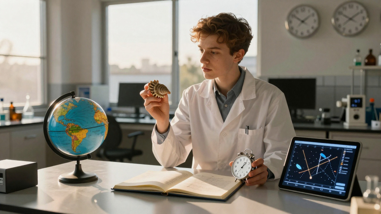Jovem cientista em laboratório observa concha, segurando relógio, com globo, livro aberto e tablet ao redor.