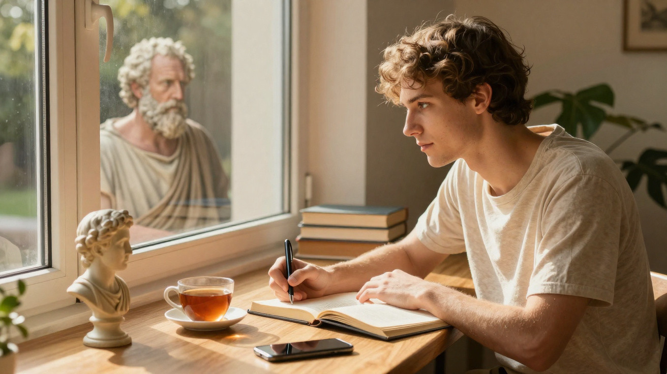 Jovem escrevendo em caderno perto da janela, com xícara de chá e busto clássico na mesa.