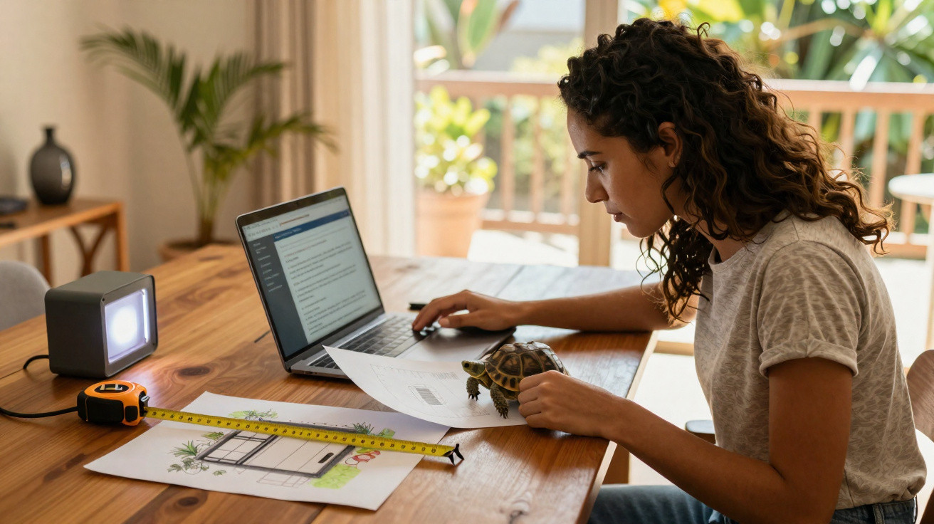 Mulher trabalhando em projeto com laptop, plantas, régua e tartaruga sobre mesa de madeira.