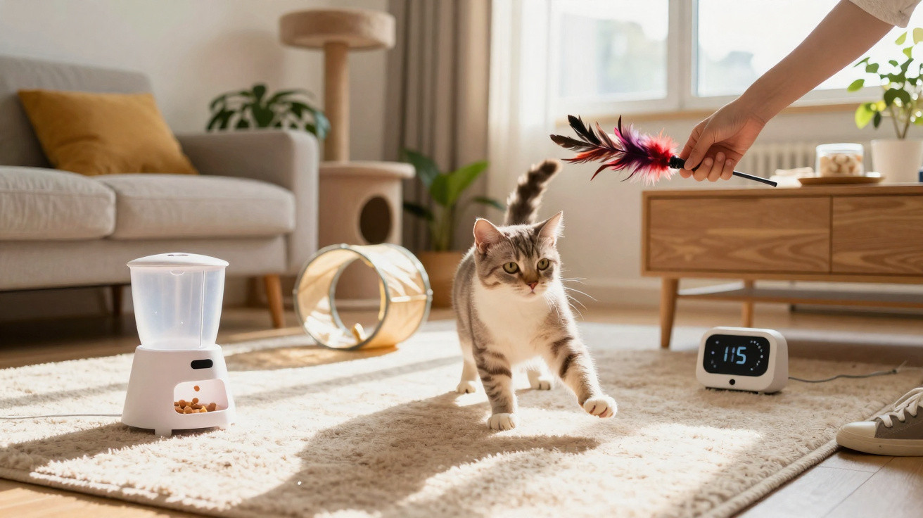 Gato cinza e branco brincando com pena colorida em sala iluminada com sofá e tapete bege.