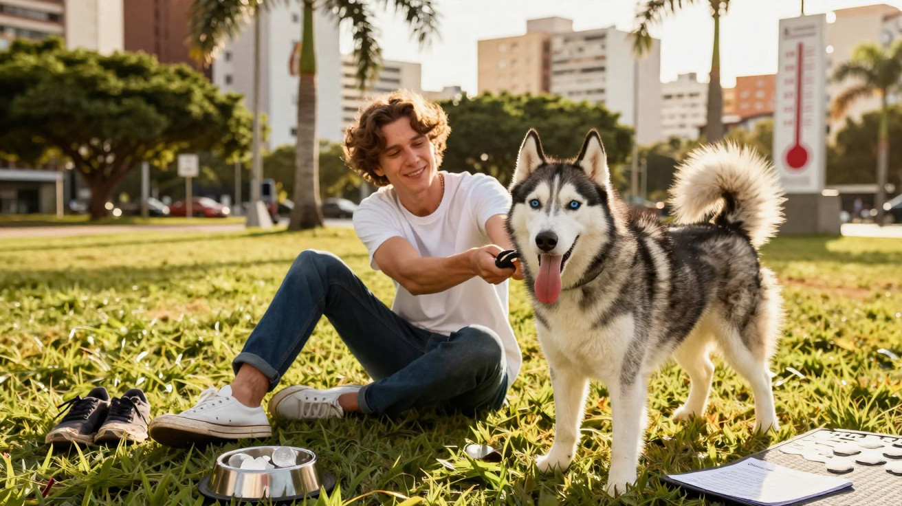 Jovem sentado em parque brinca com cachorro husky de língua para fora em dia ensolarado.