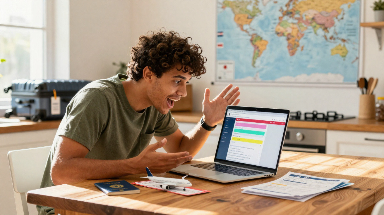 Jovem animado interage com laptop à mesa, com passaporte, miniatura de avião e documentos à sua frente.