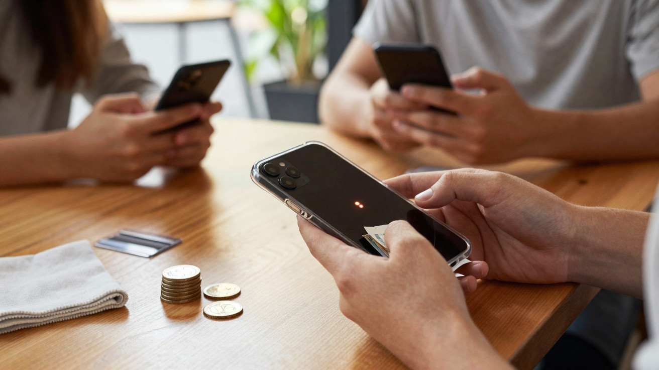 Pessoas usando smartphones com moedas e cartão sobre mesa de madeira em ambiente claro.