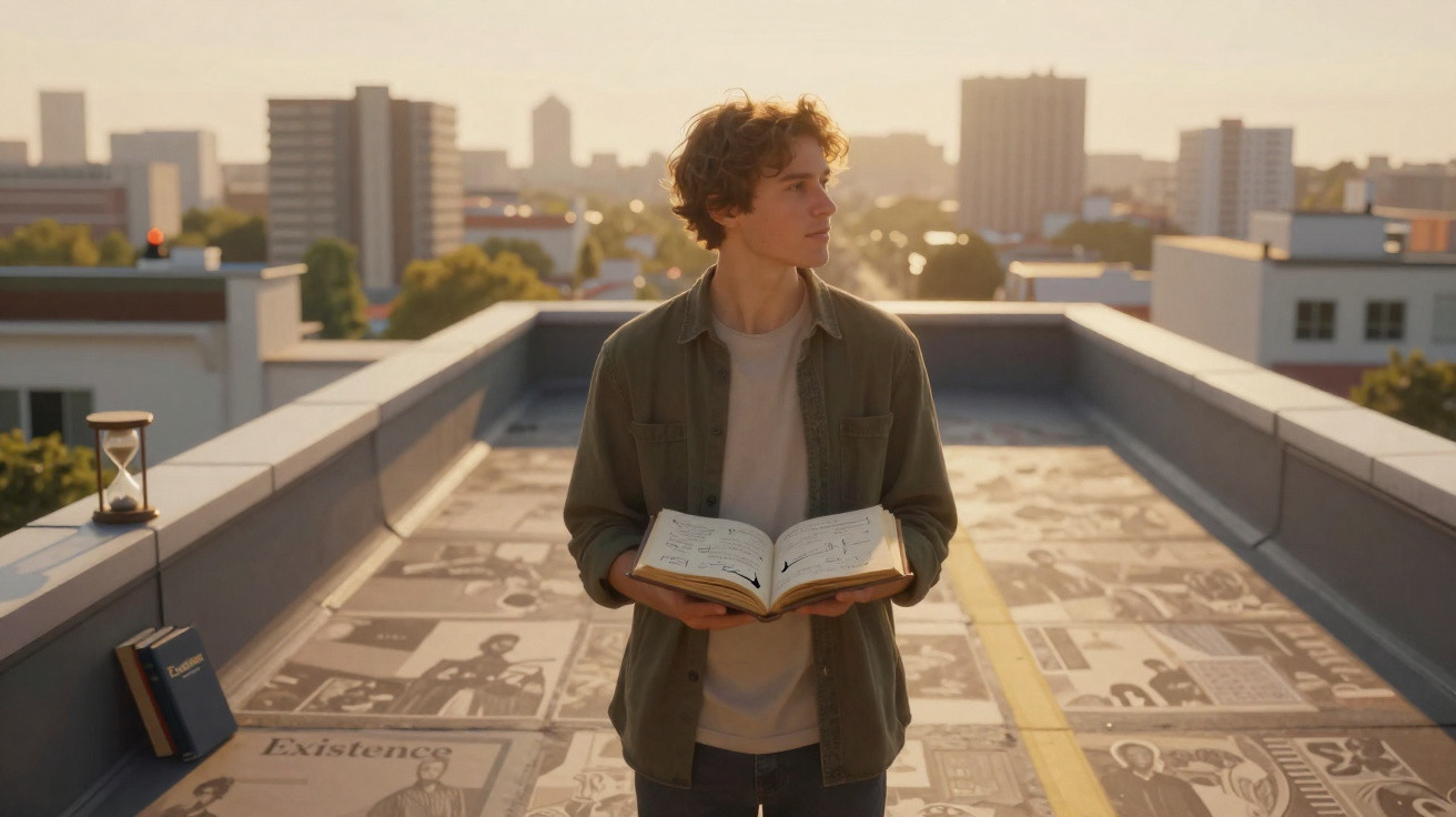 Jovem de camiseta clara e camisa aberta segurando livro aberto em terraço com gravuras ao pôr do sol.