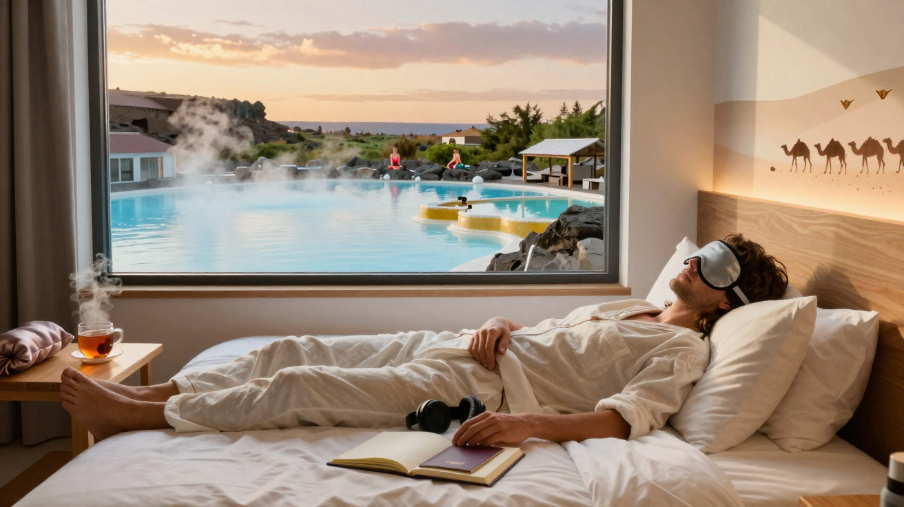 Homem relaxando na cama de hotel com máscara de dormir, chá na mesa e vista para piscina com vapor ao entardecer.