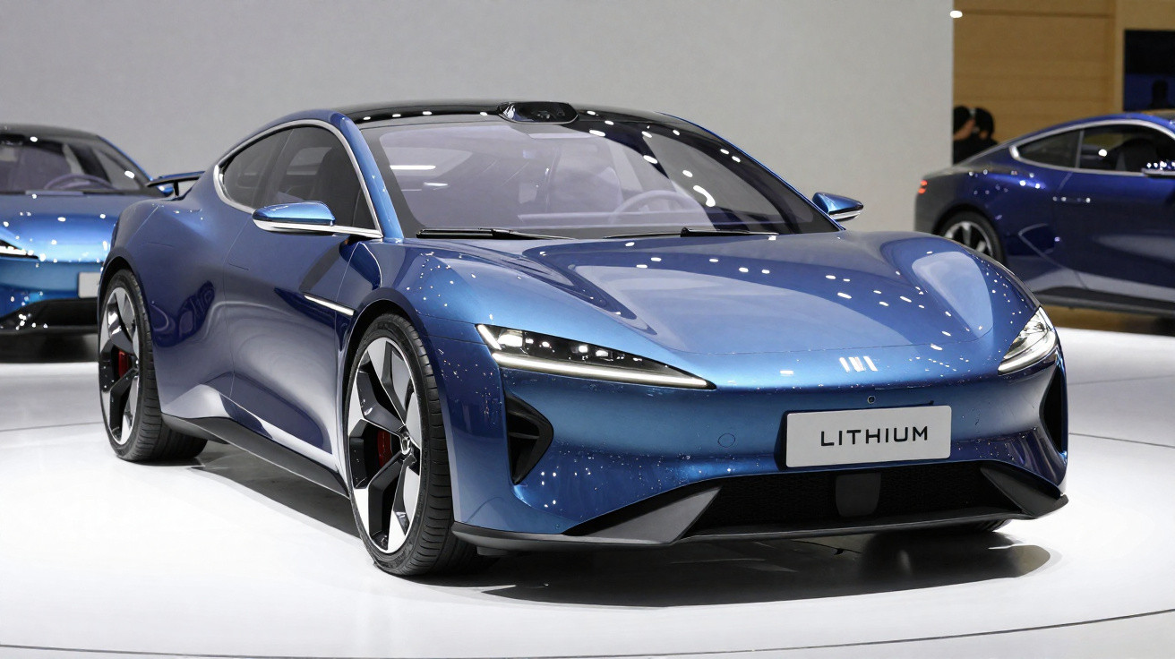 Carro esportivo elétrico azul com design futurista em exposição sob iluminação em salão automotivo.