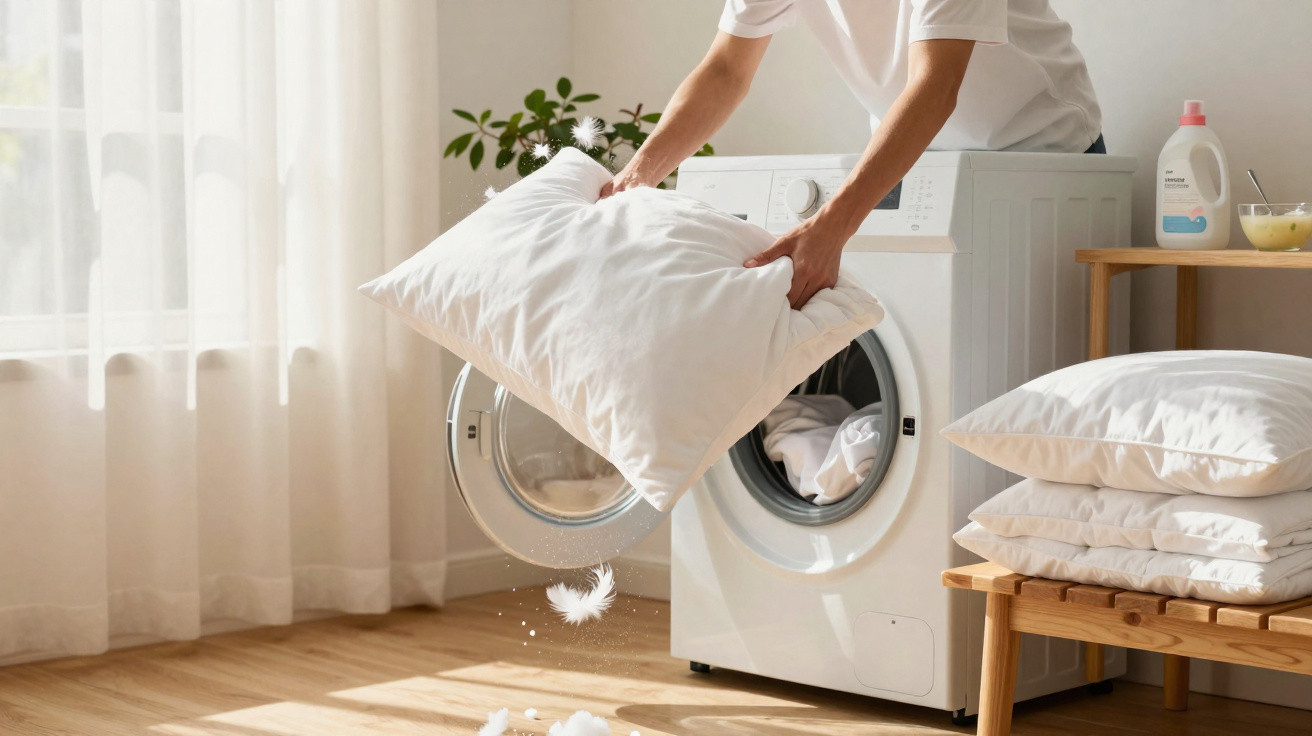 Pessoa colocando travesseiro branco na máquina de lavar roupas branca em ambiente iluminado.