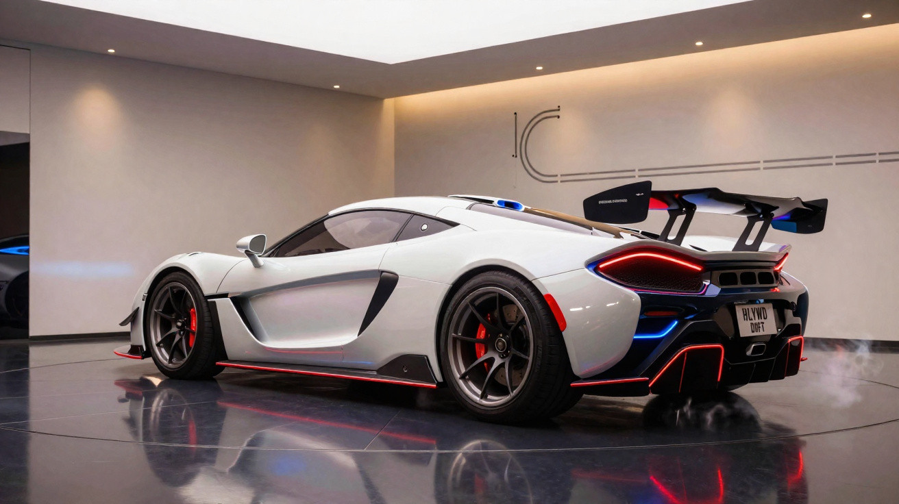 Carro esportivo branco com detalhes vermelhos e aerofólio grande em garagem moderna iluminada.